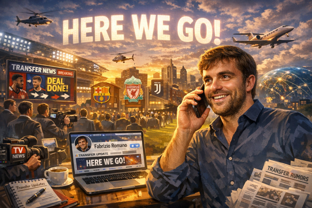 Fabrizio Romano announcing a confirmed football transfer with his iconic “Here We Go” phrase surrounded by clubs, media, and fans