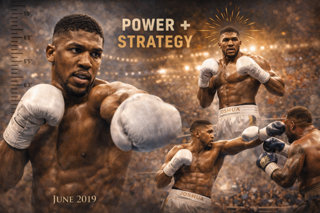 Heavyweight boxer throwing a powerful punch in a packed arena with “Power + Strategy” text and June 2019 displayed.