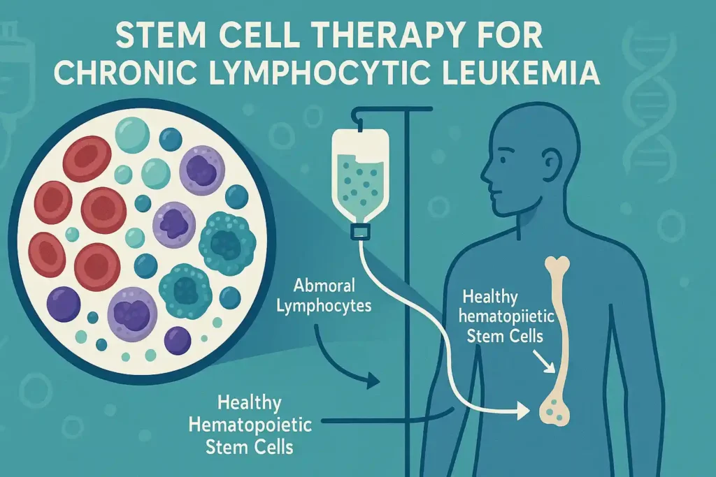 Illustration of stem cell transplantation process for treating lymphocytic leukemia, showing healthy cells regenerating in bone marrow.