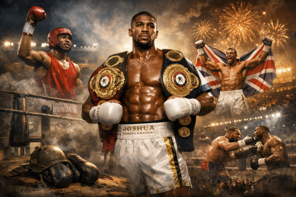 Heavyweight boxing champion standing in the ring with championship belts, surrounded by scenes of training, fights, and victory celebrations.