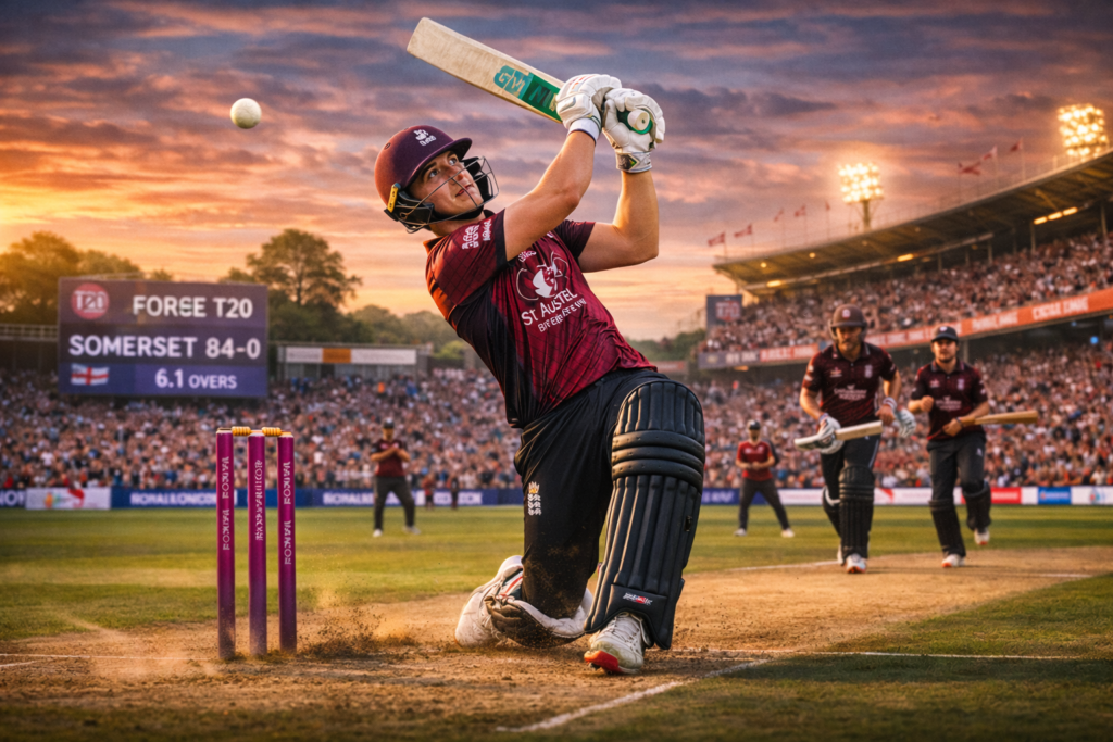 Tom Banton playing an aggressive lofted shot for Somerset during a Force T20 match at sunset with a packed stadium in the background.