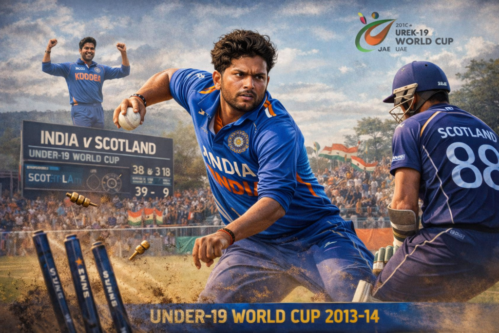 Kuldeep Yadav bowling spin against Scotland in the Under-19 World Cup 2013-14.