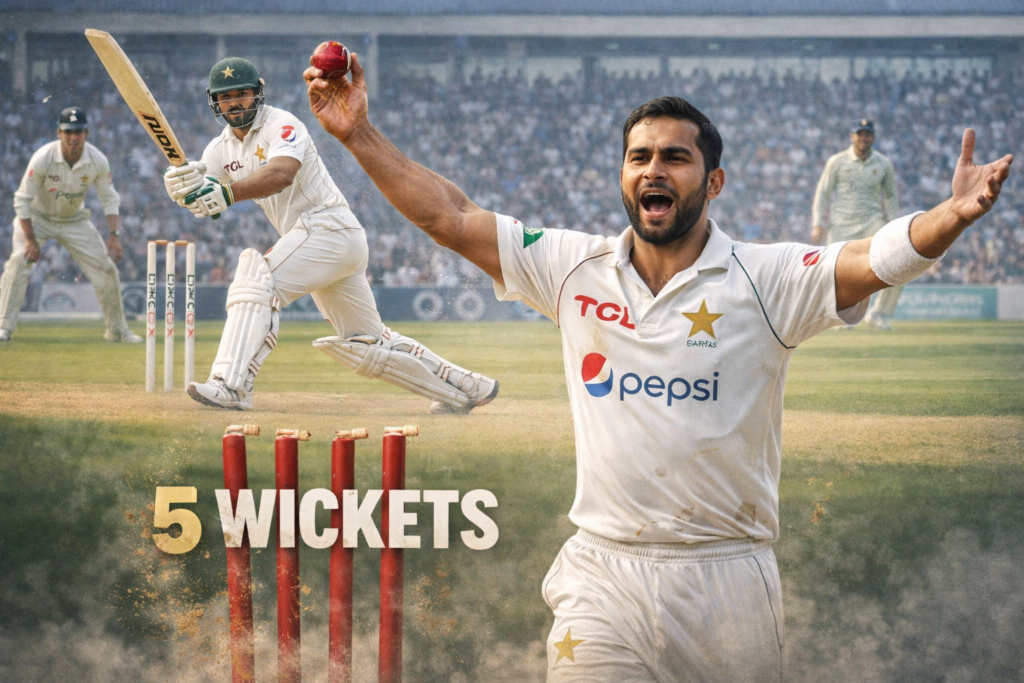 Mohammad Nawaz celebrating a five-wicket haul in Test cricket while also batting in the background for Pakistan.