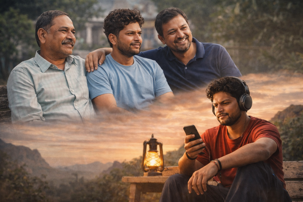Kuldeep Yadav sitting with family and later relaxing alone with headphones during sunset.