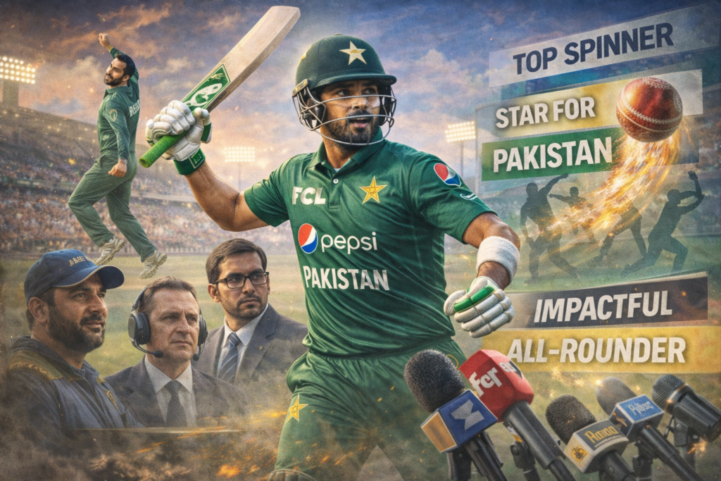 Mohammad Nawaz celebrating with bat and bowling action in Pakistan cricket uniform.