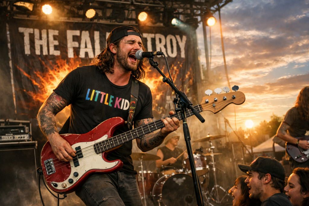 Timothy Christopher Ward singing and playing bass guitar live on stage with The Fall of Troy during an outdoor concert at sunset