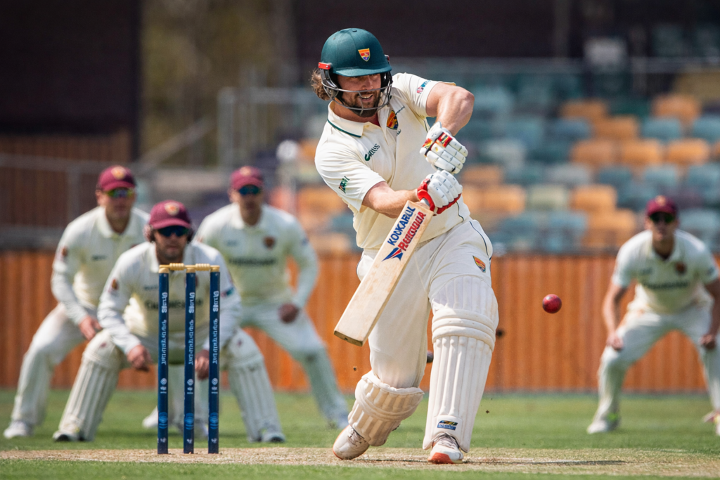 Ward playing a left-handed cricket shot for Tasmania in a Sheffield Shield match