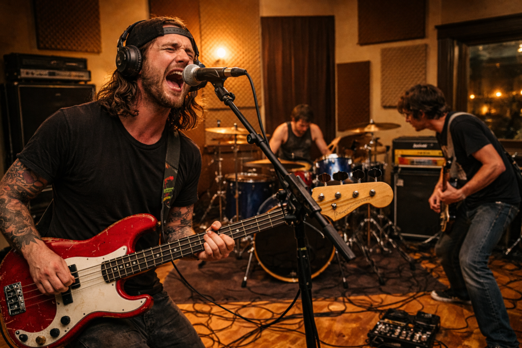 tim wardChristopher Ward singing and playing bass guitar during a studio recording session with The Fall of Troy