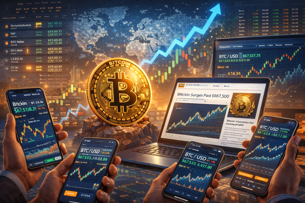 Multiple devices showing Bitcoin's rising value with real-time price tracking, digital graphs, and market updates, featuring the Bitcoin symbol in the center.