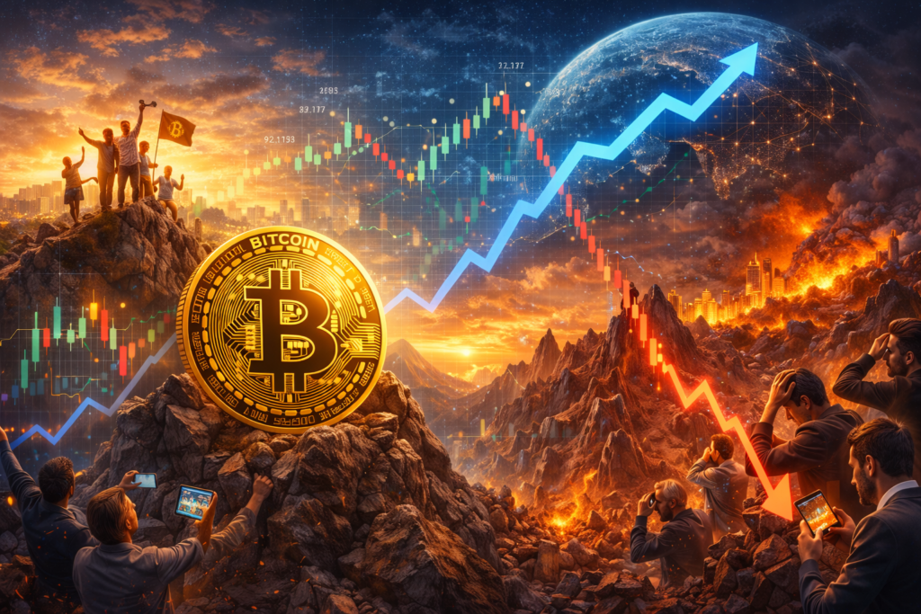 A dramatic landscape representing Bitcoin's volatile market trends, with investors celebrating a peak and others in distress over a decline, set against a backdrop of rising and falling digital graphs.