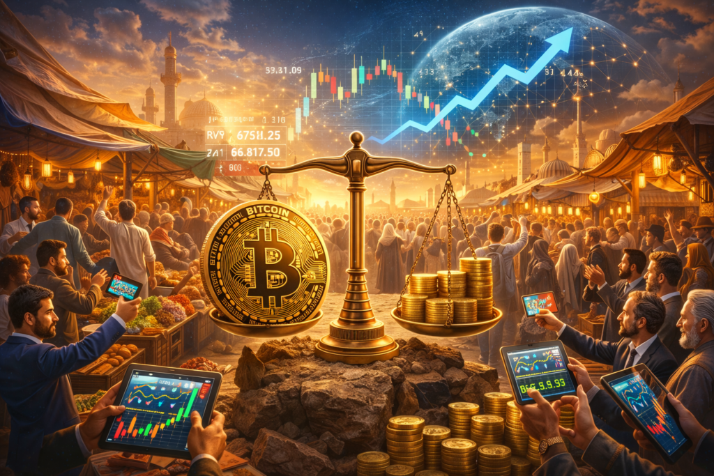 Bitcoin trading in a global market scene showing supply and demand balance with crypto price charts