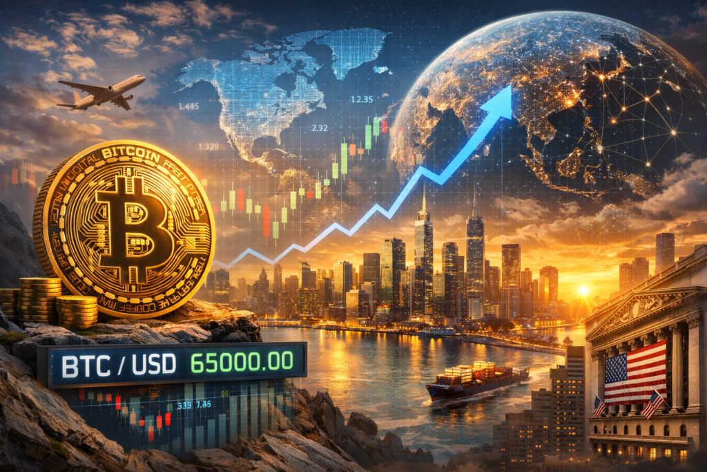Bitcoin price in USD chart with global market trends and financial skyline illustration