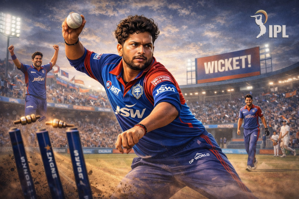 Kuldeep Yadav taking a wicket in an IPL match and celebrating on the field.