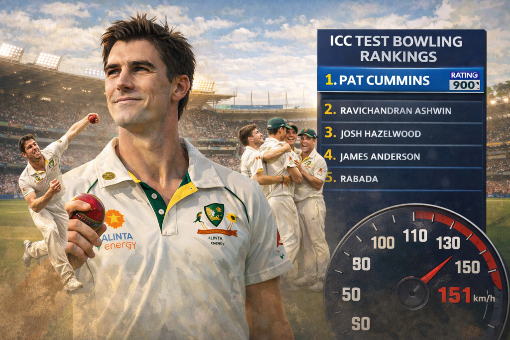 Pat Cummins ranked number one in ICC Test Bowling Rankings holding a cricket ball with a 900 rating and 151 km/h speed indicator.