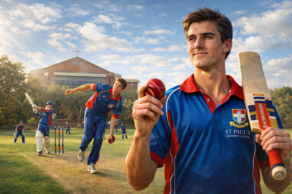Young Pat Cummins holding a cricket ball and bat at St Paul’s Grammar School while playing a school cricket match.