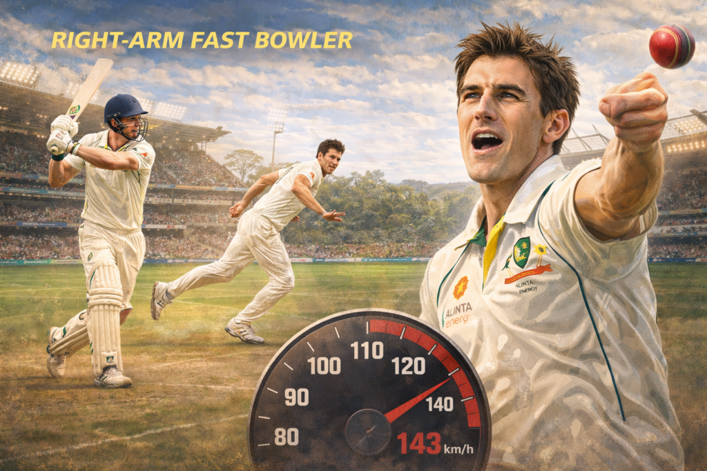 Australian cricketer Pat Cummins in action, bowling a fast ball with a speed of 143 km/h, with a batter in the background. The image features a cricket stadium and emphasizes his role as a right-arm fast bowler.