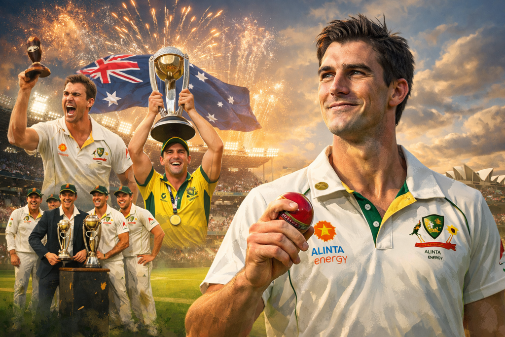 Pat Cummins holding a cricket ball as Australia celebrates ICC World Cup victory with trophy and fireworks in Sydney stadium.