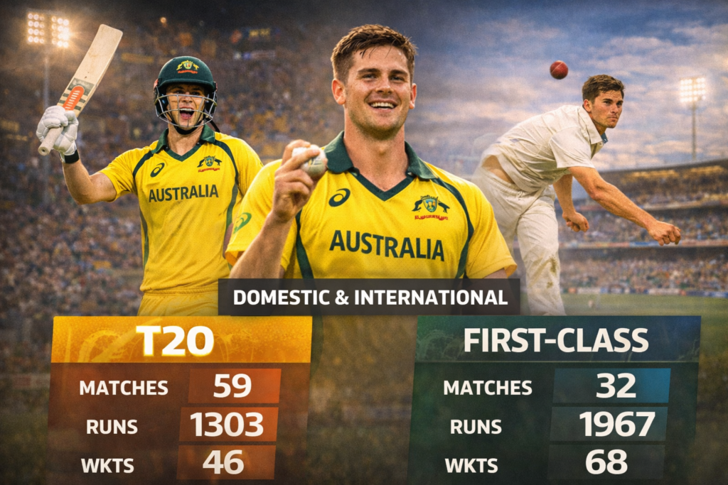 Aaron Hardie showcasing his all-round performance for Australia in T20 and first-class cricket, featuring batting, bowling, and match statistics.