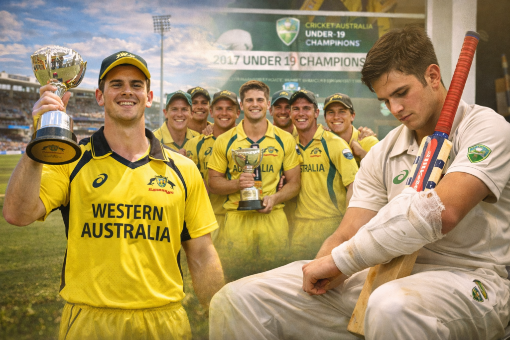 Aaron Hardie celebrating Western Australia Under-19 championship victory and reflecting during early first-class cricket career.