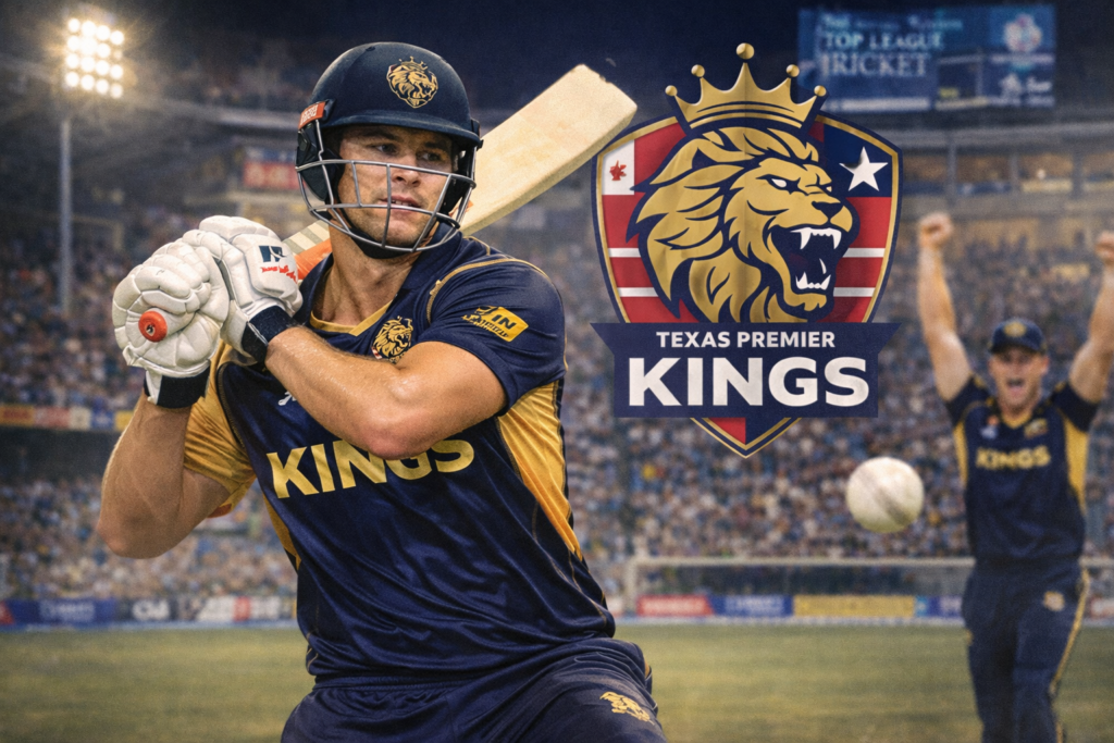 Aaron Hardie batting for Texas Premier Kings during a Top League Cricket match, showcasing his power-hitting skills.