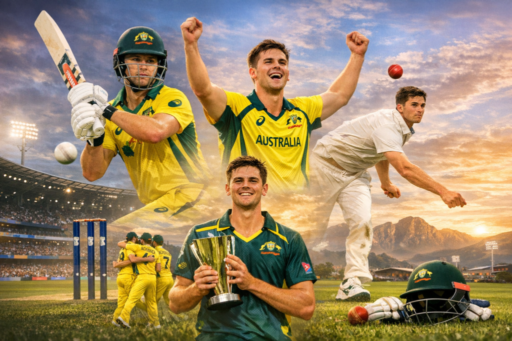 Aaron Hardie showcasing his all-round skills for Australia, batting, bowling, and celebrating victories in international and domestic cricket.