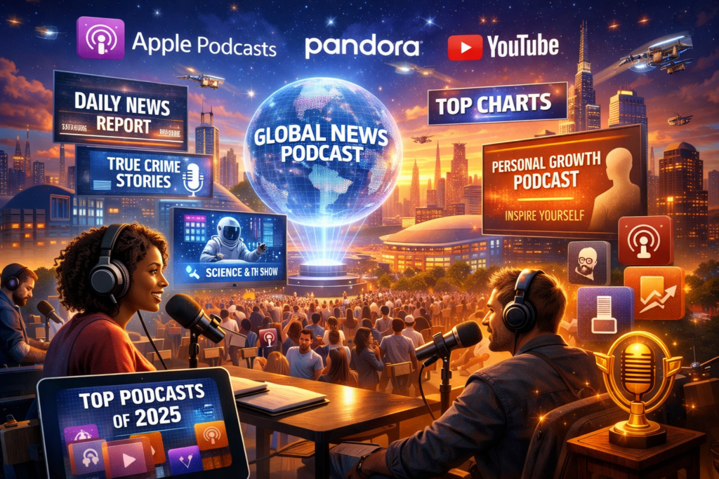 Futuristic illustration showing top podcasts of 2025, featuring global news, true crime, personal growth, and streaming platforms like Apple Podcasts, Pandora, and YouTube.