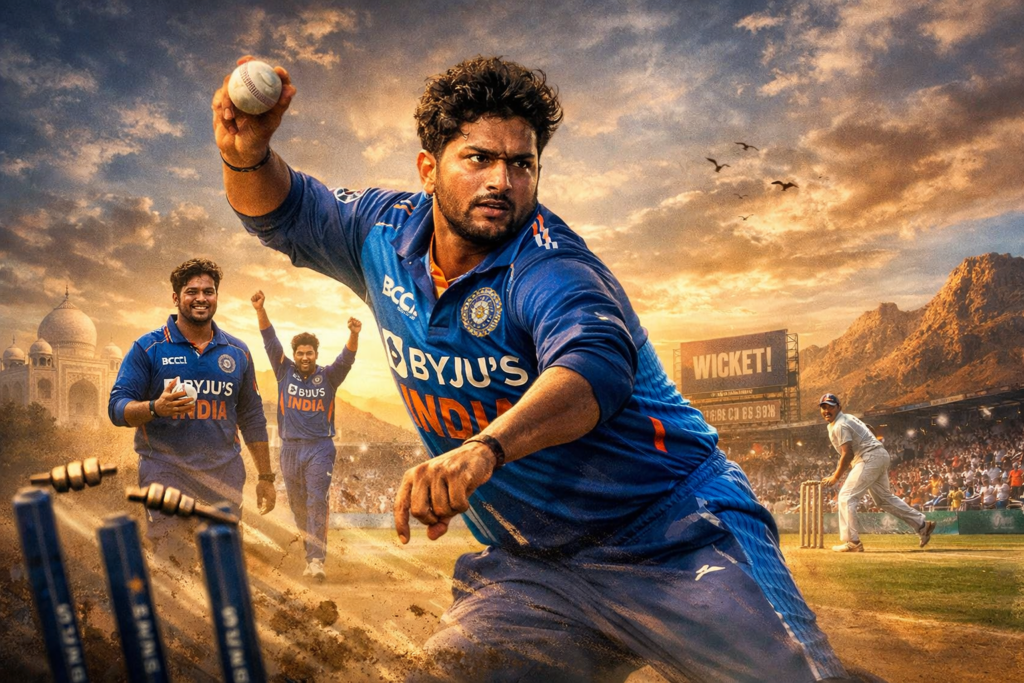 Indian cricket bowler releasing the ball during a match as teammates celebrate a wicket in a sunset-lit stadium.
