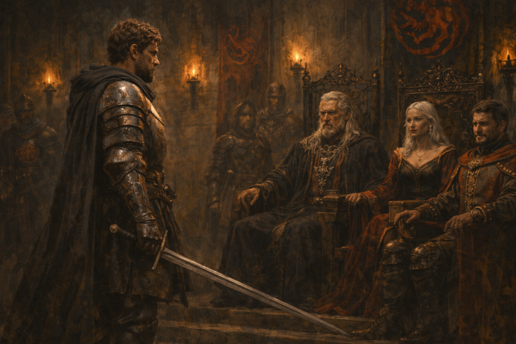 Ser Duncan the Tall standing defiant in a torch-lit hall surrounded by knights and nobles in A Knight of the Seven Kingdoms Episode 5.