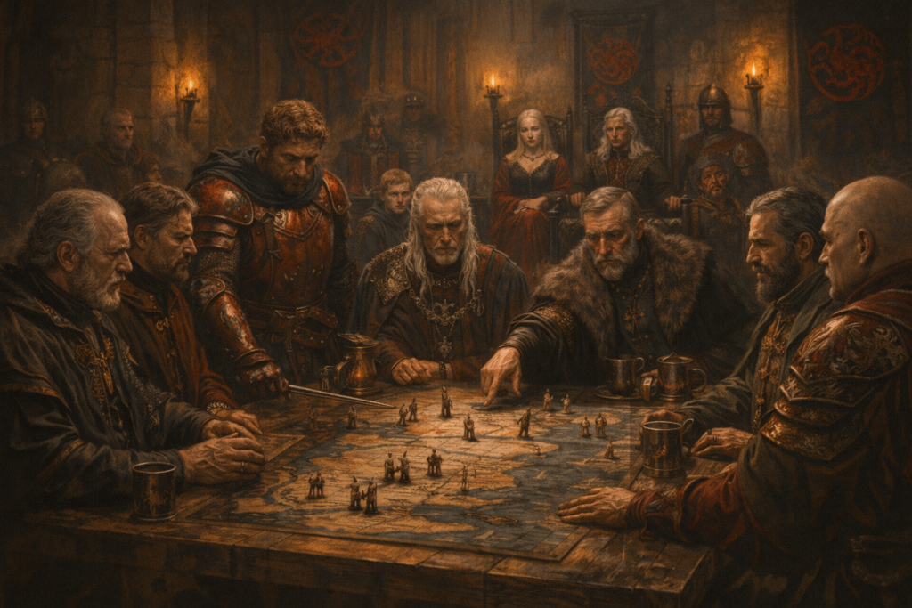 Noble families meeting in a torch-lit Westeros hall around a war table map during political plotting in A Knight of the Seven Kingdoms Episode 5.