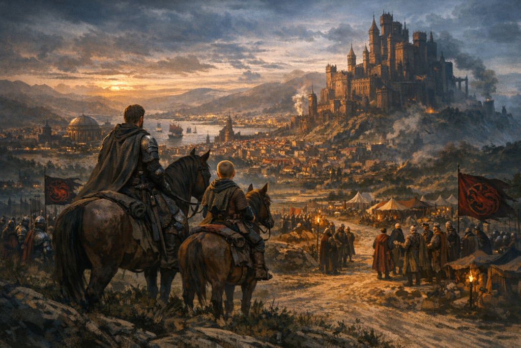 Ser Duncan the Tall and Egg overlooking King’s Landing and the Red Keep during sunset in A Knight of the Seven Kingdoms Episode 5.