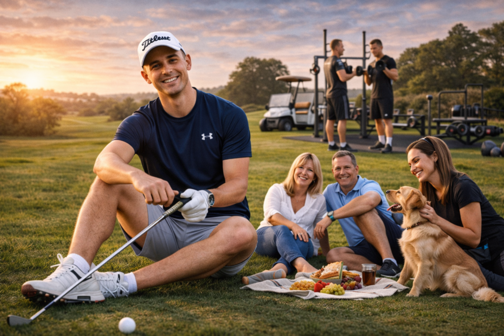 Young male golfer sitting on grass with a golf club, smiling at the camera while family and friends enjoy a picnic with a golden retriever at sunset on a golf course.