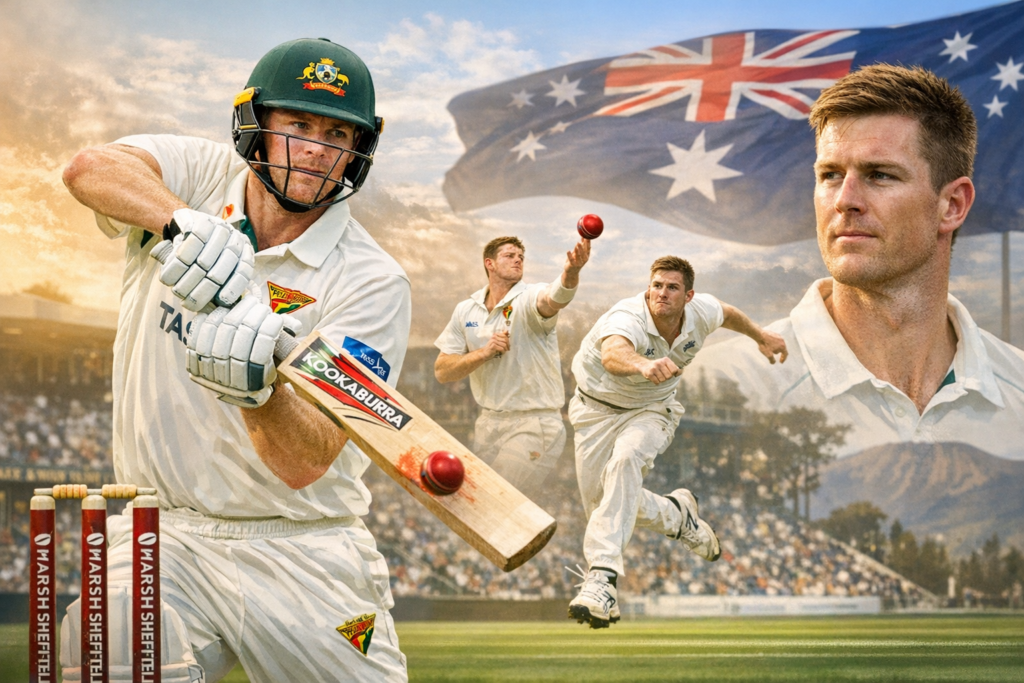 Beau Webster batting for Tasmania in a Sheffield Shield match with Australian flag in the background.