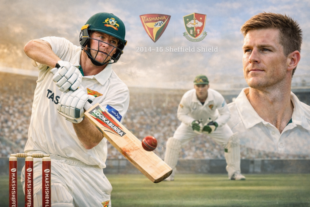 Beau Webster batting for Tasmania in the 2014–15 Sheffield Shield match with wicketkeeper behind the stumps.