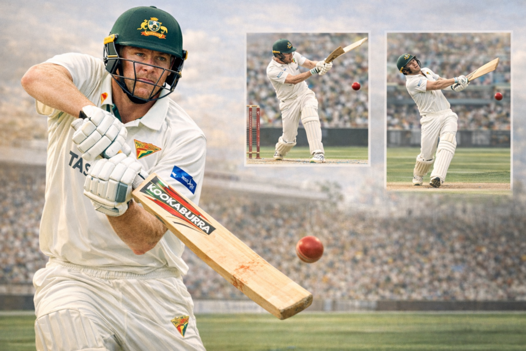 Beau Webster batting at the crease for Tasmania in a Sheffield Shield match with red ball in motion.