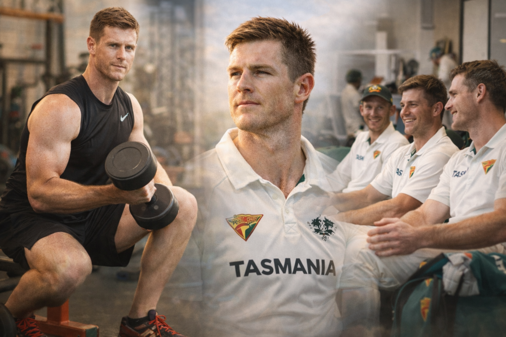 Composite image of a muscular male athlete lifting a dumbbell in a gym, blended with scenes of him wearing a white Tasmania cricket uniform and sitting with smiling teammates in a locker room.
