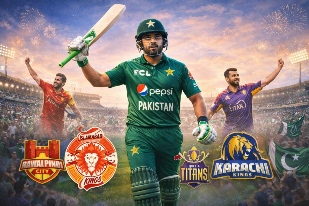 Mohammad Nawaz celebrating in Pakistan cricket kit with PSL team logos including Islamabad United, Quetta Titans, Karachi Kings, and Rawalpindi City.