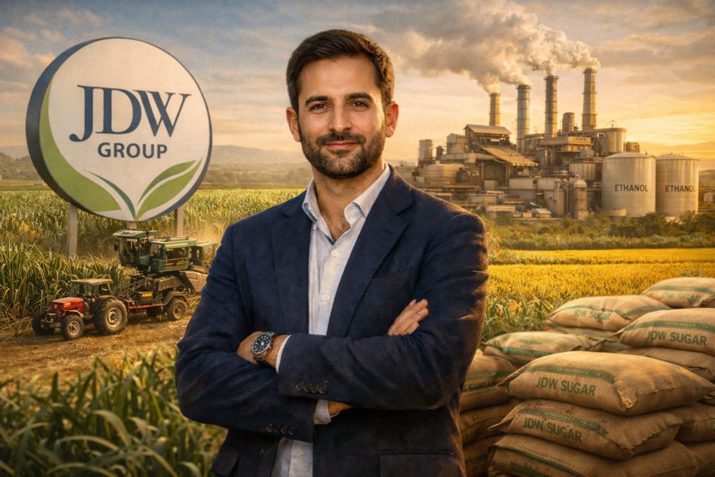 A businessman standing in front of sugarcane fields and an ethanol production plant with JDW Group branding.