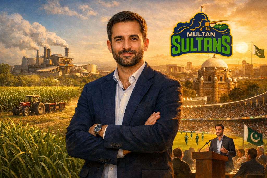 Ali Tareen standing confidently with Multan Sultans logo, sugarcane fields, industrial plant, cricket stadium, and Multan city skyline in the background.
