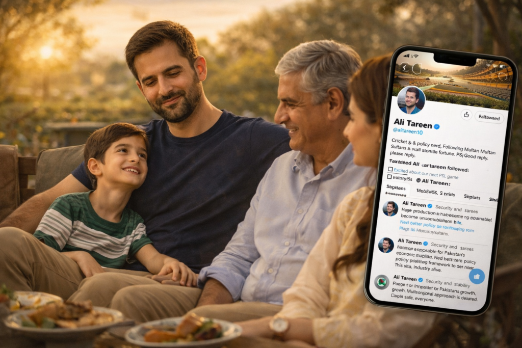 Ali Tareen sitting with family during sunset while a smartphone screen displays his social media profile focused on business and sports commentary.