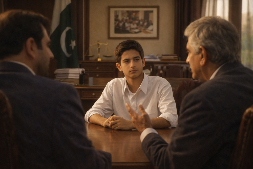 Young Ali Tareen sitting at a wooden table in an office, listening carefully to senior figures during a serious business discussion.