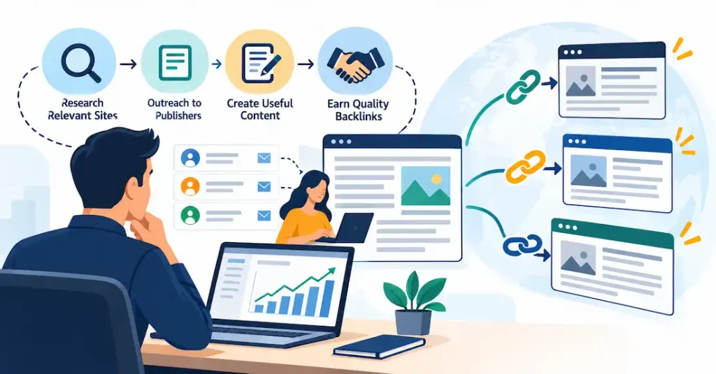 SEO link-building workflow showing site research, publisher outreach, useful content creation, and quality backlink acquisition.